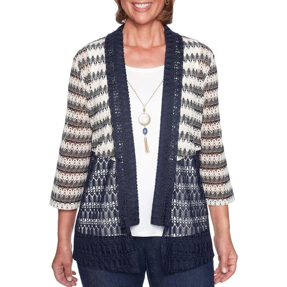 Alfred Dunner Women's Navy/White 2-Fer Layered Cardigan Tank w/ Necklace Size PM - Picture 1 of 10